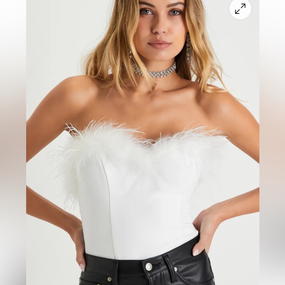 Lulu's White Strapless Feather Trim Blouse